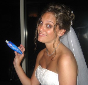 My wife holding her most important wedding day accessory.